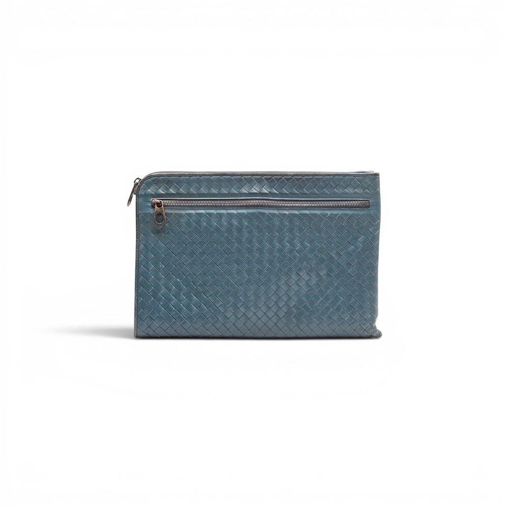 Bottega Veneta Intrecciato Woven Leather Clutch Bag Blue - Preowned